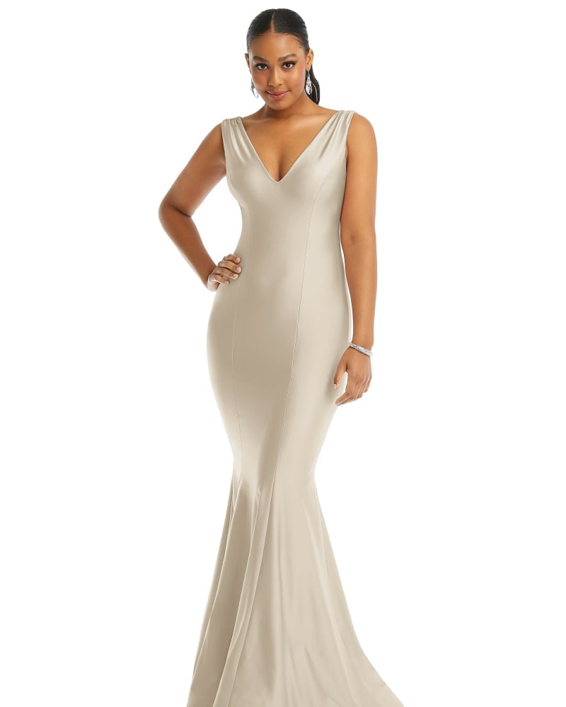 Front of a model wearing a size L Shirred Shoulder Stretch Satin Mermaid Dress with Slight Train in Champagne by Cynthia & Sahar. | dia_product_style_image_id:301226